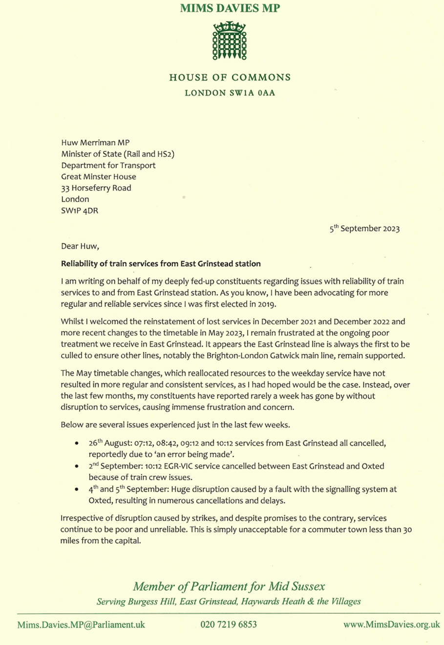 letter to Rail Minister 